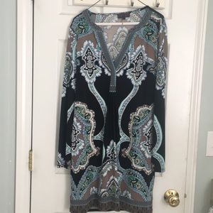 Hale Bob Black Blue Tan V-neck Dress - size Large